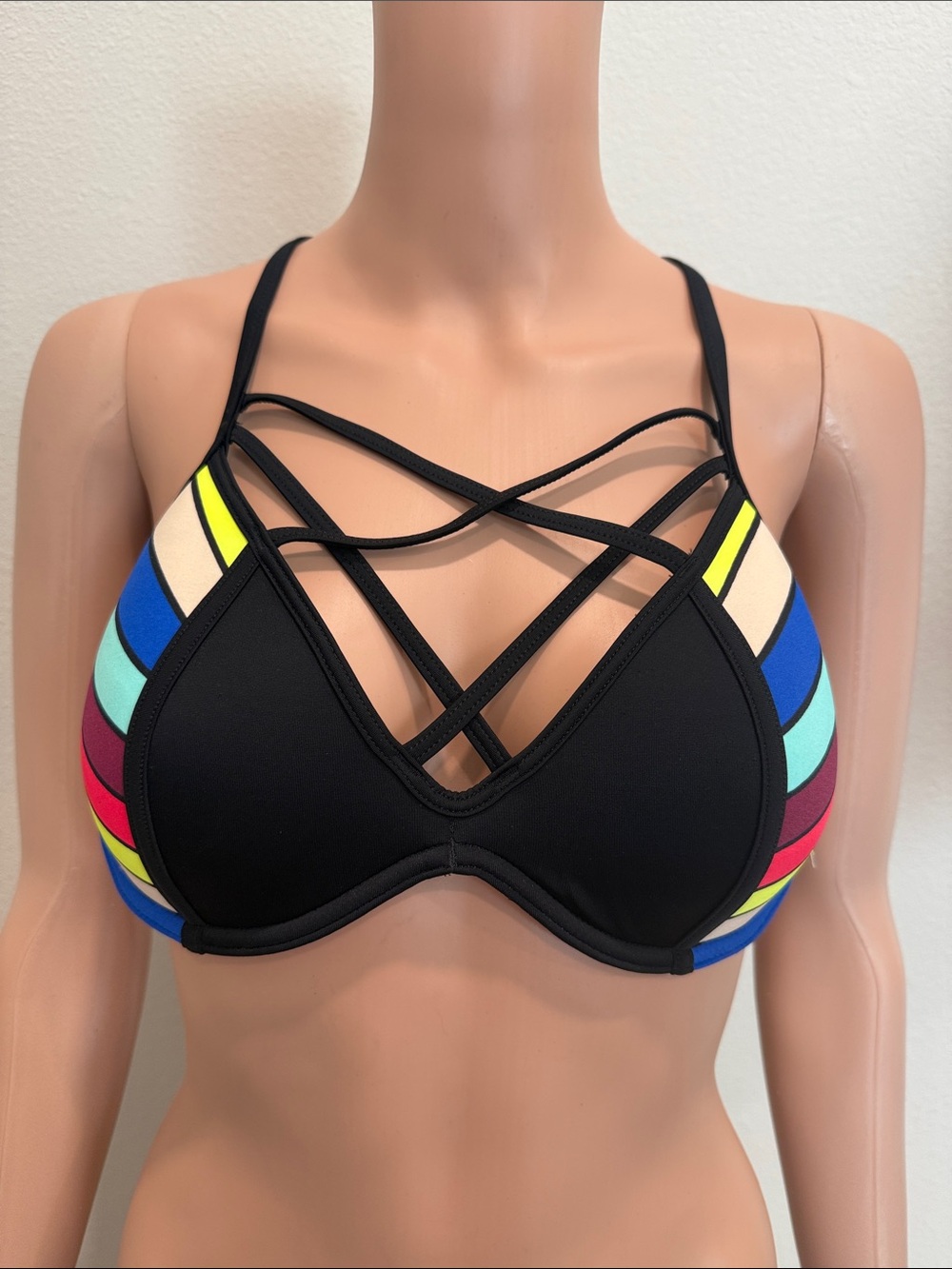 PINK Victoria’s Secret Strappy Black Multicolor Swim Bikini Top Size Large A-C